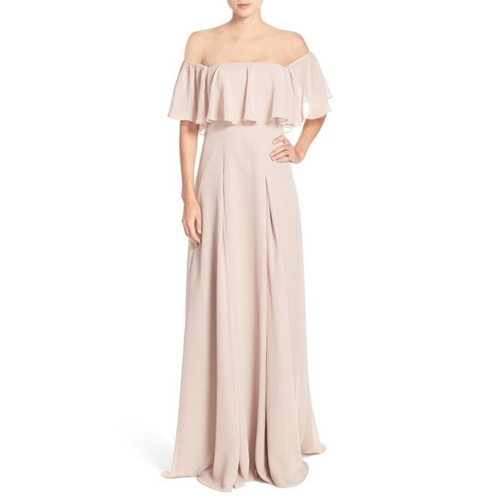 Monique Lhuillier Off the Shoulder Chiffon Gown